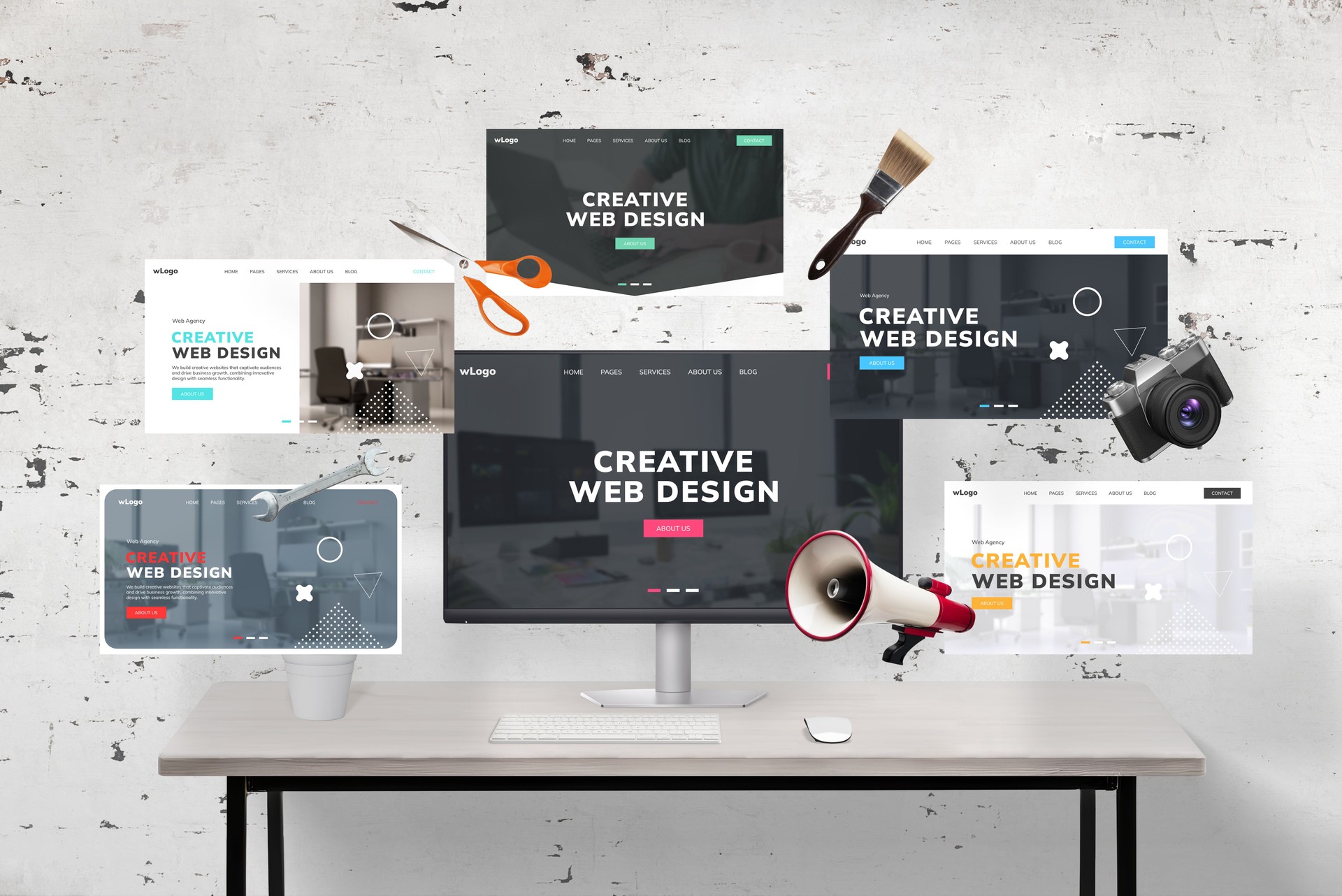 Web pages flying around a web designer's desk and computer display featuring an agency web page presentation. Includes web designer tools: megaphone, wrench key, photo camera, scissors, and brush